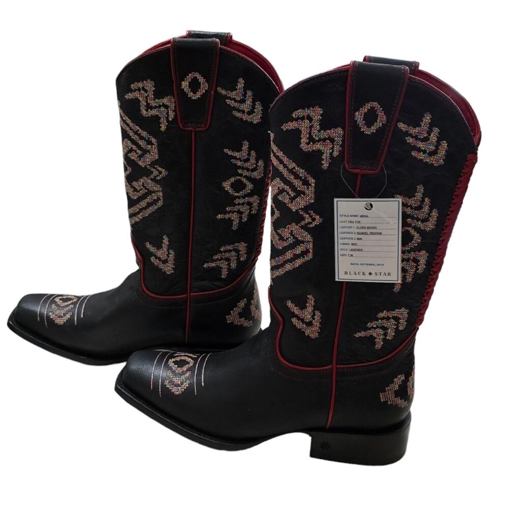 Black Star Black Leather Western Boots Red Trim Embroidered Design